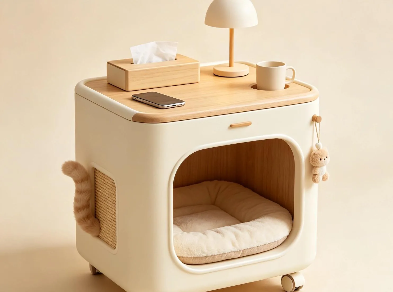 Cream bedside cabinet with two enclosed pet bays and drawers above