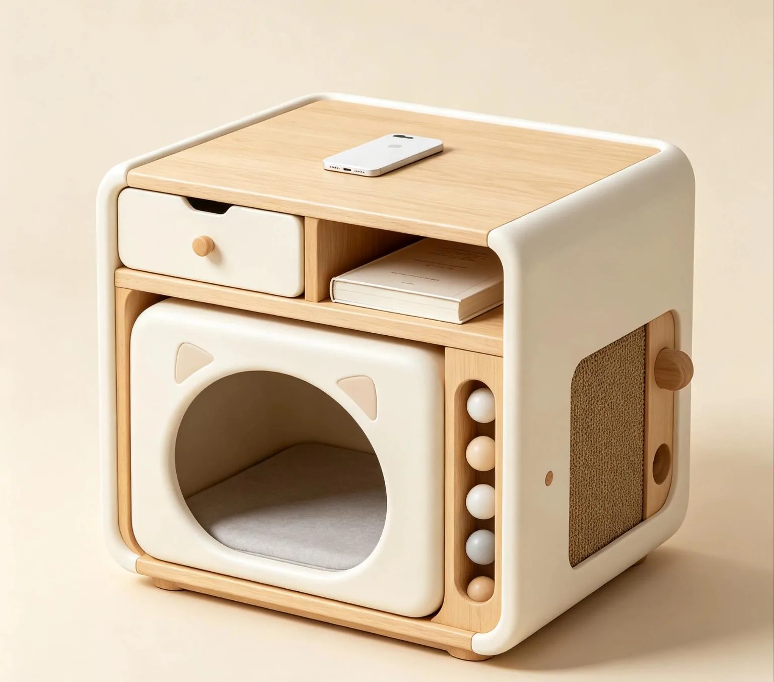 Cream bedside cabinet with a pet cave opening and a soft cushion inside