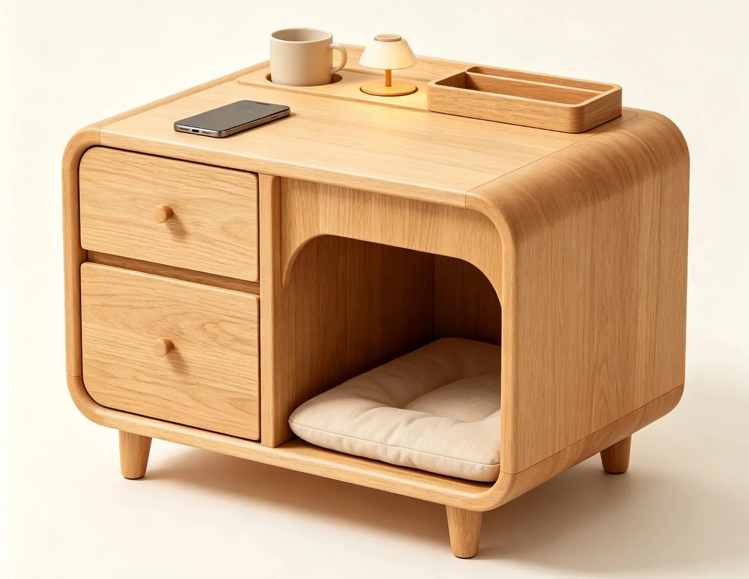 Oak nightstand with an enclosed cat house replacing the lower shelf