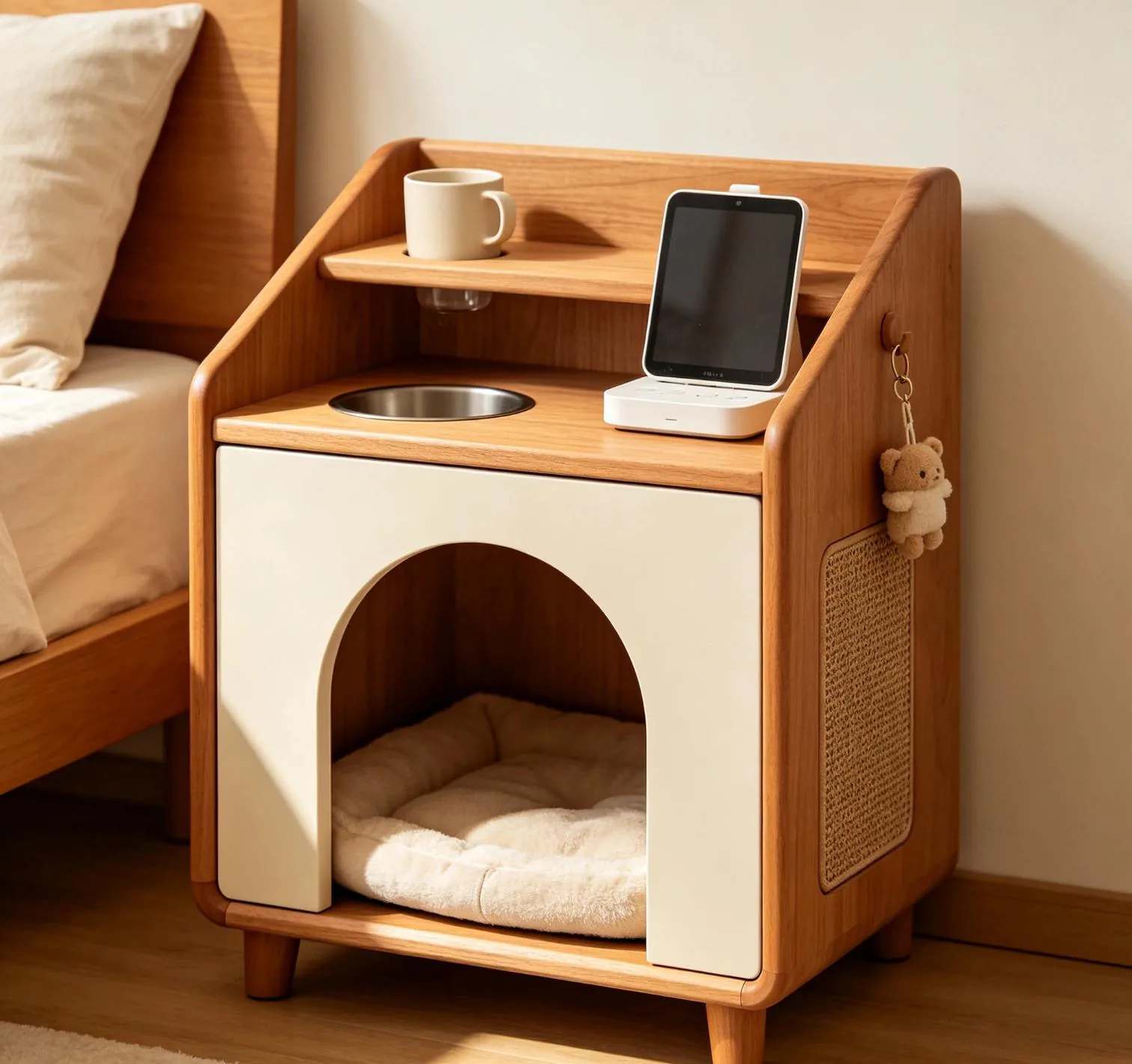 Oak bedside cabinet with an open pet bed inside the lower compartment