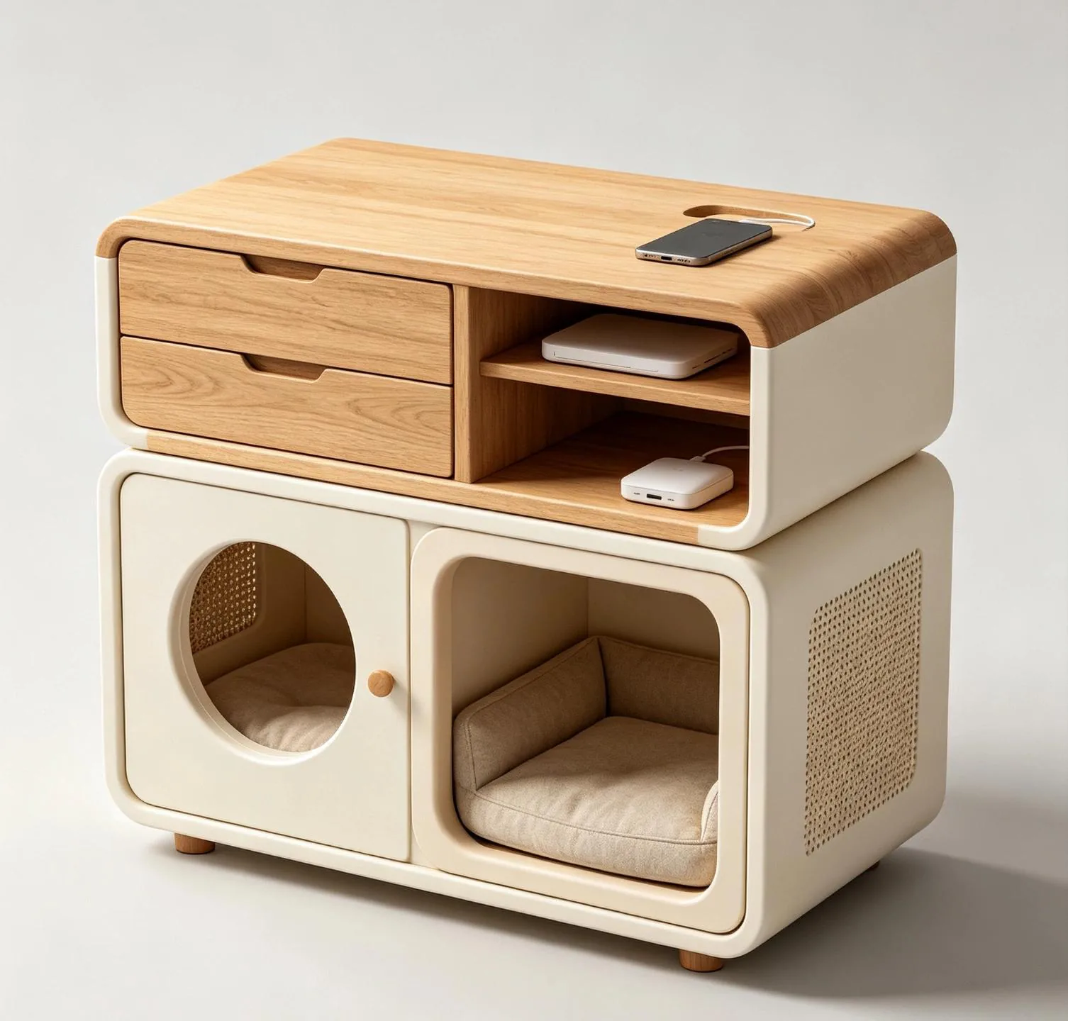 Stacked nightstand cat condo with two enclosed beds and oak drawers