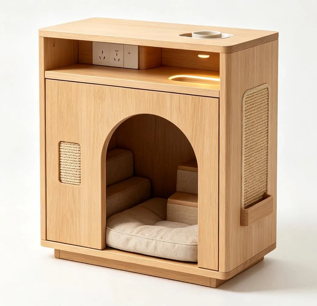 Tall wooden cat cabinet with arched bed and internal climbing steps