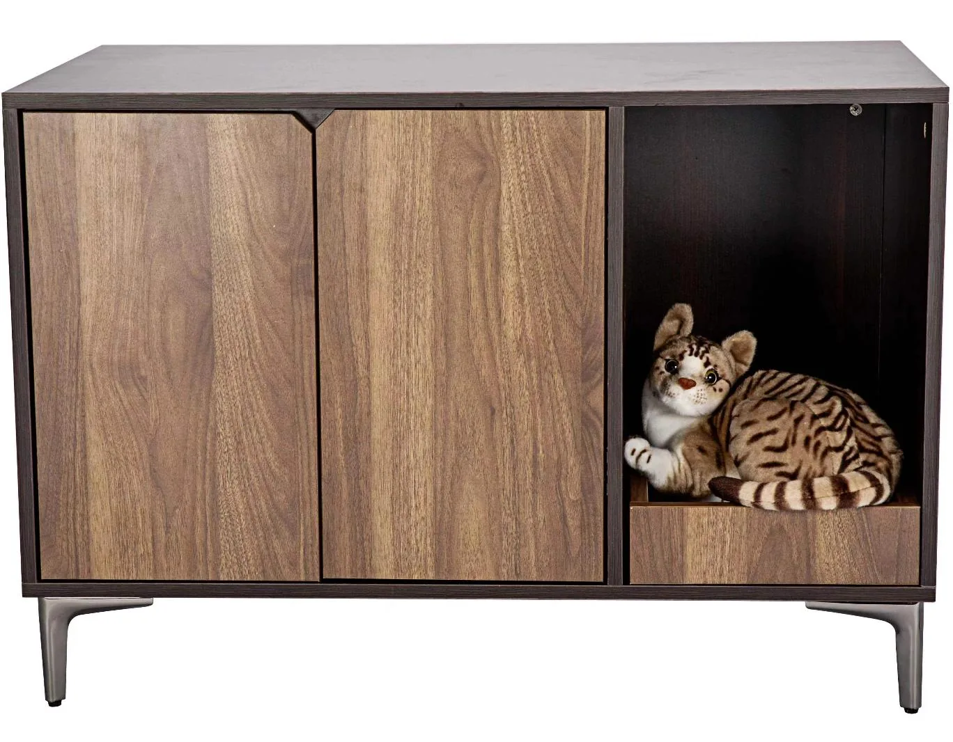 Walnut TV sideboard with a cat resting in the enclosed cabinet bed