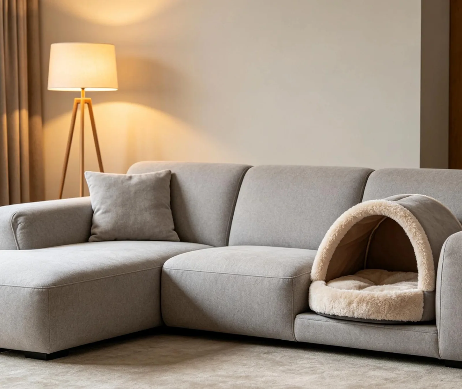 Grey sectional sofa with an integrated pet cave in the chaise end