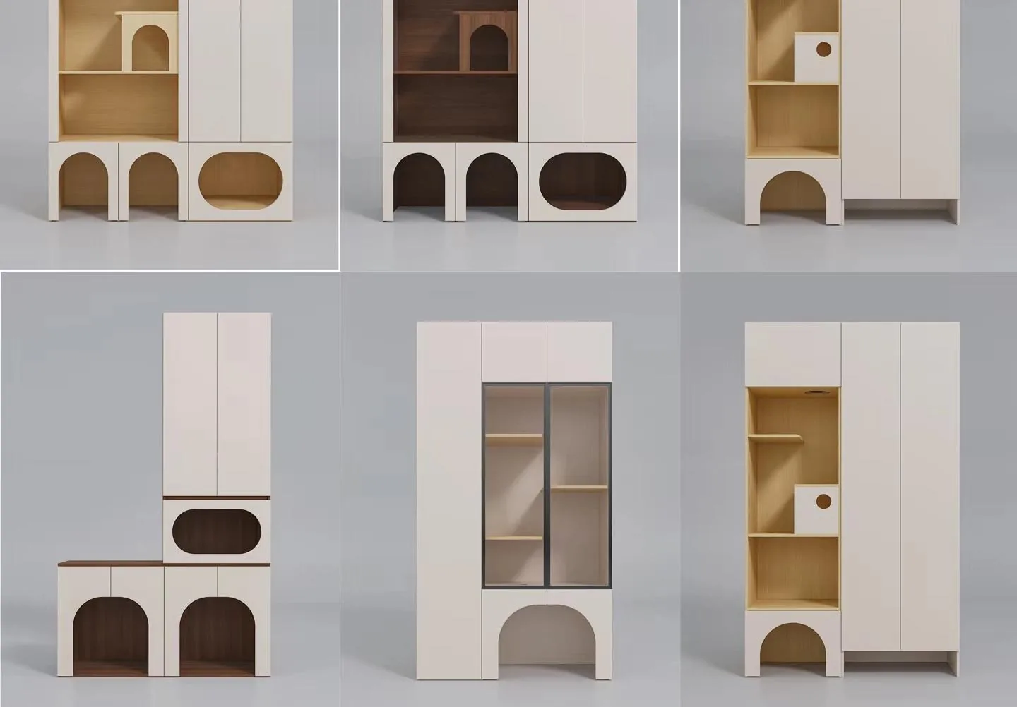 Wall of custom joinery with a grid of enclosed cat cubbies