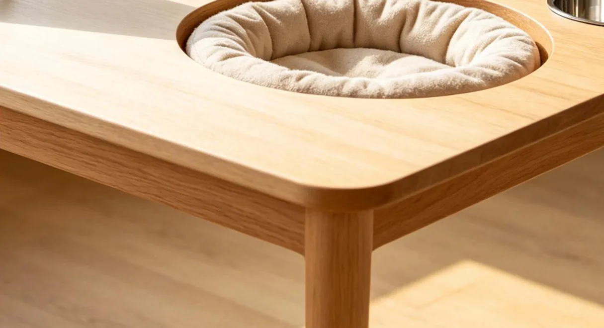 Cushioned pet bed inside the pedestal