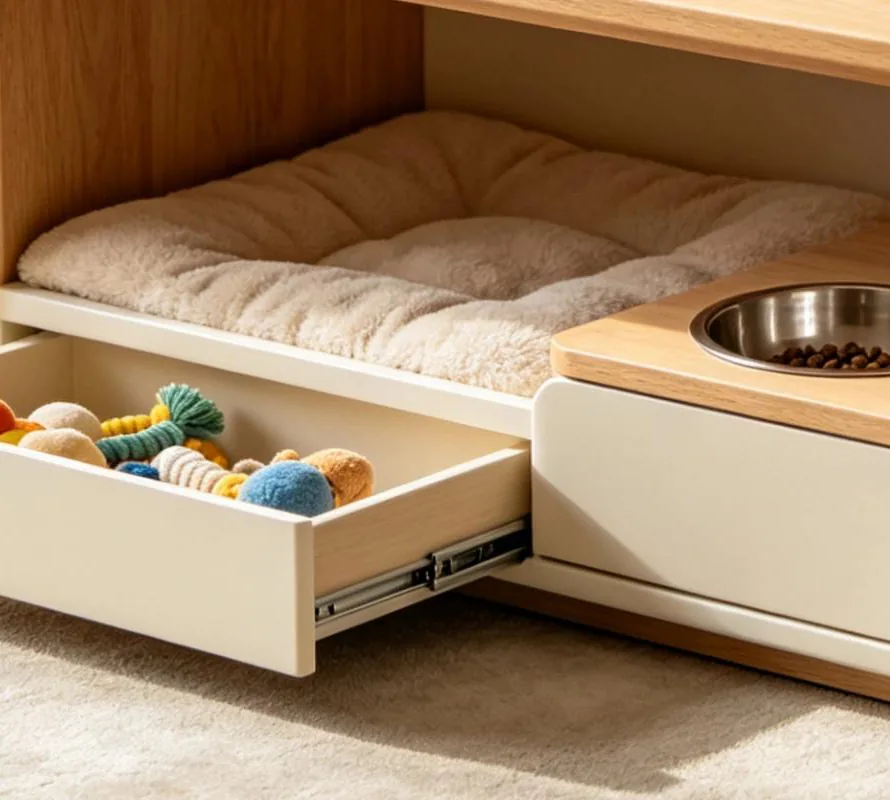 Cushioned bed set into the lower compartment