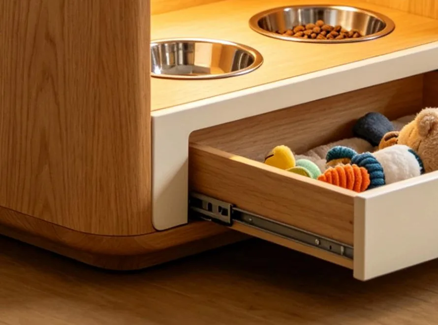 Full-width toy drawer open, toys and leads inside