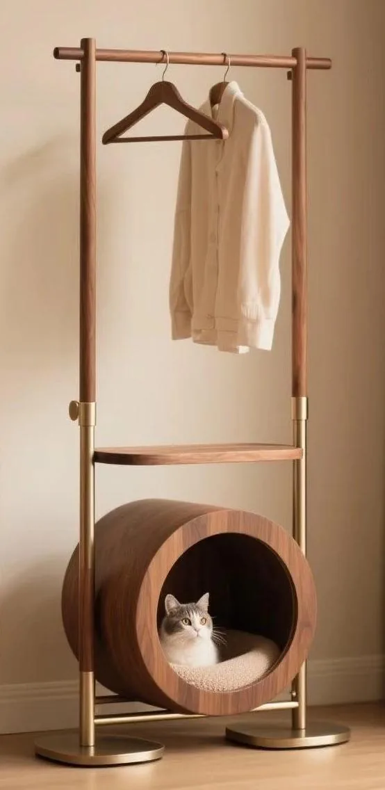 Entry coat rack with a round enclosed cat pod bed at the base