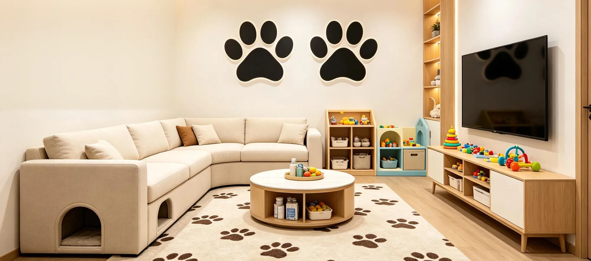 Co-living pet furniture showroom with sectional sofa, coffee table pet house and paw-print rug