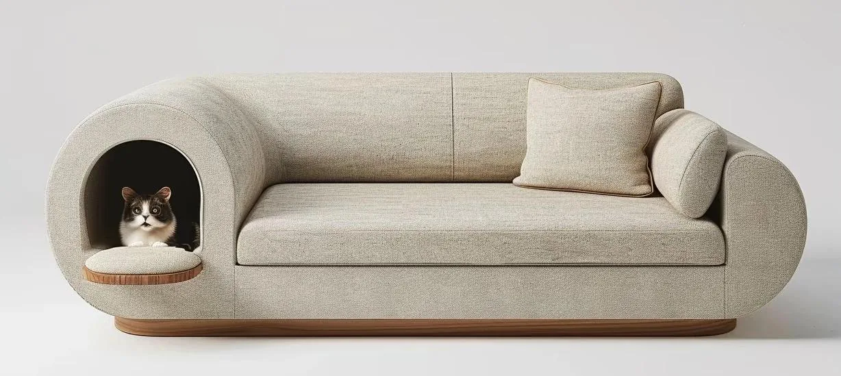 White modular sofa with a cat resting in the built-in pet cave