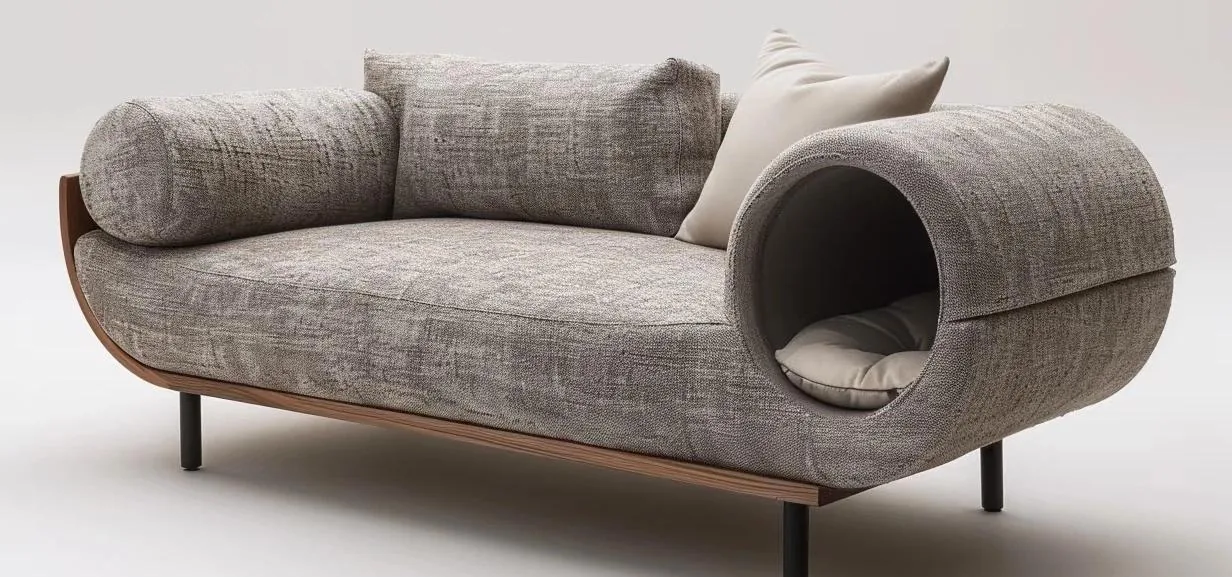 Grey fabric sofa with a cylindrical pet tunnel bed built into the armrest