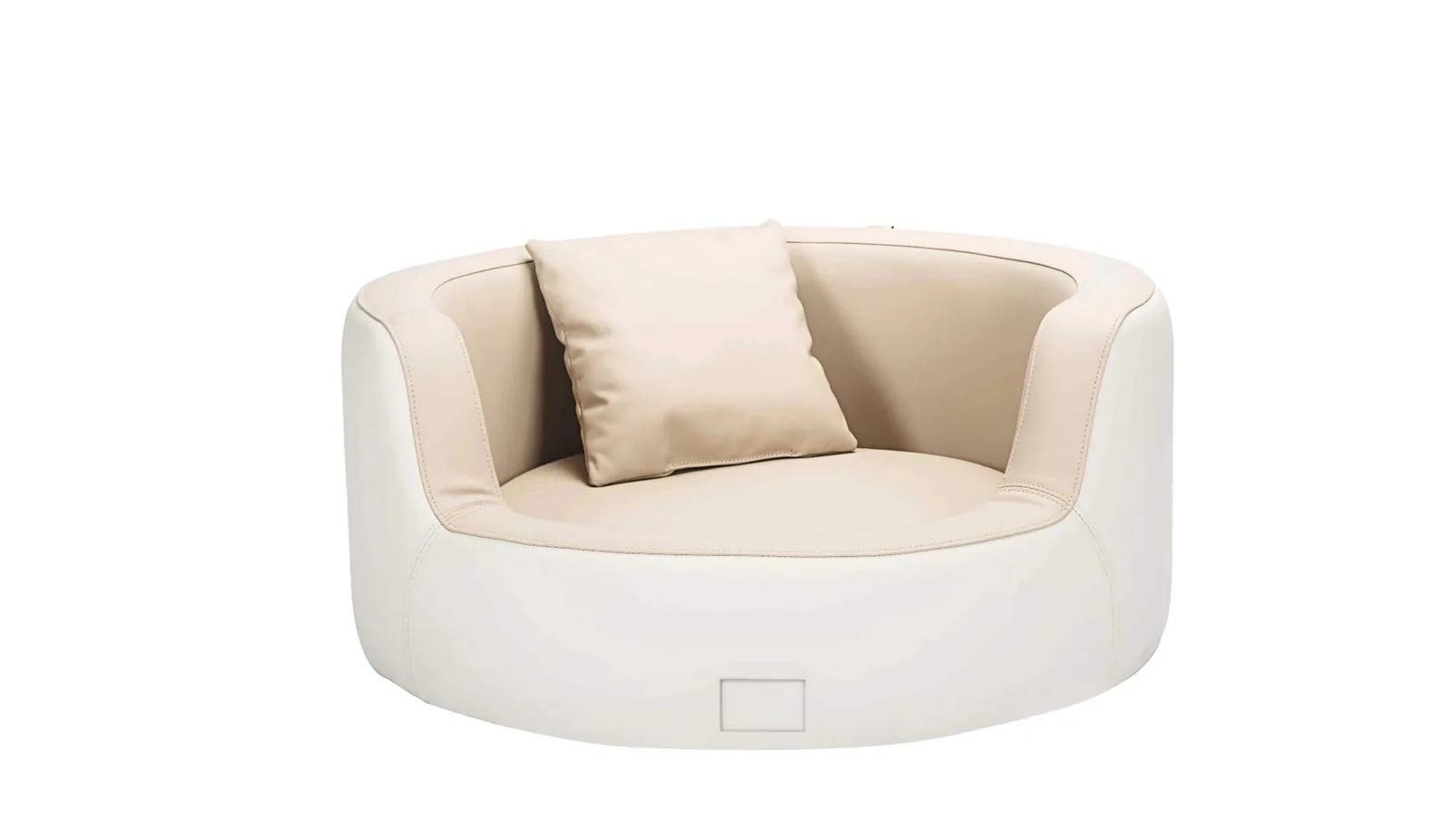 Cream oval pet bed with a matching pillow and soft vegan leather walls