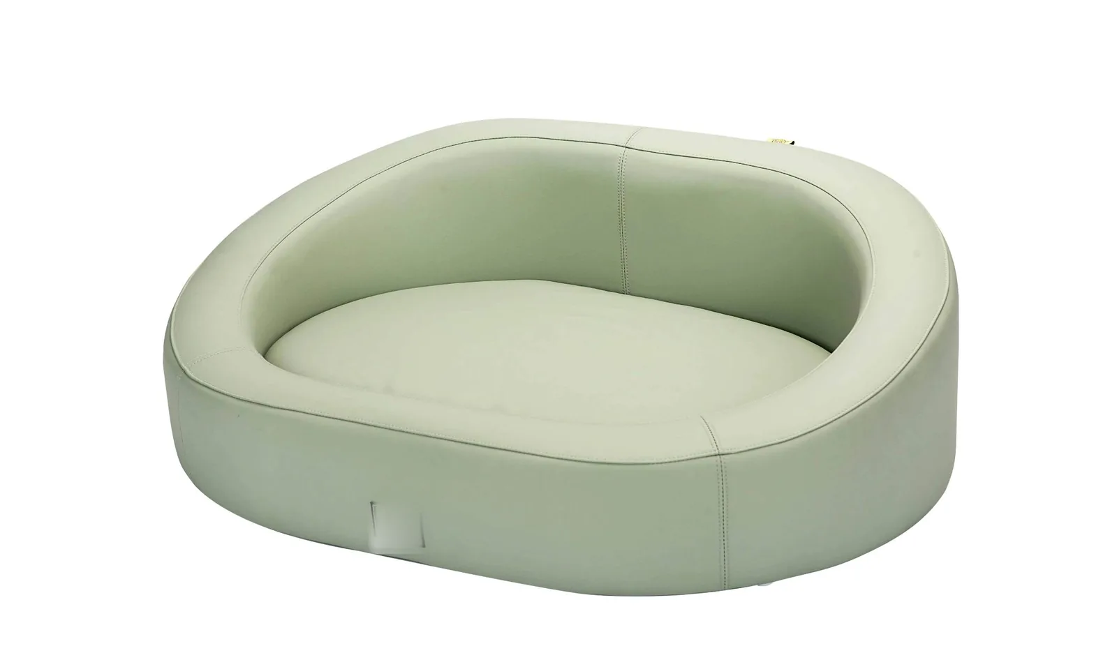 Sage green leather oval pet bed with raised walls