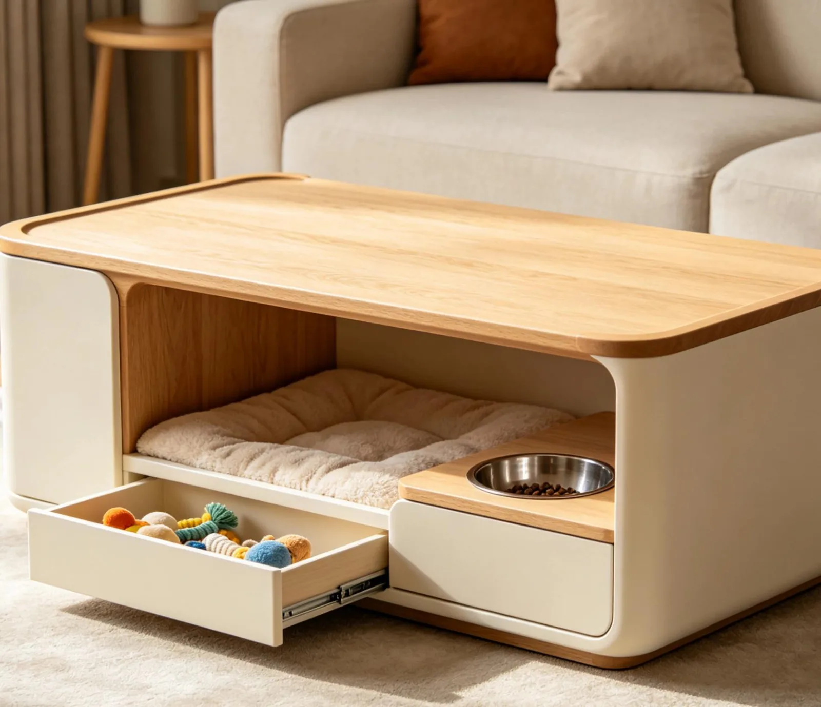 Coffee table with dog bed inside and feeding bowls on top