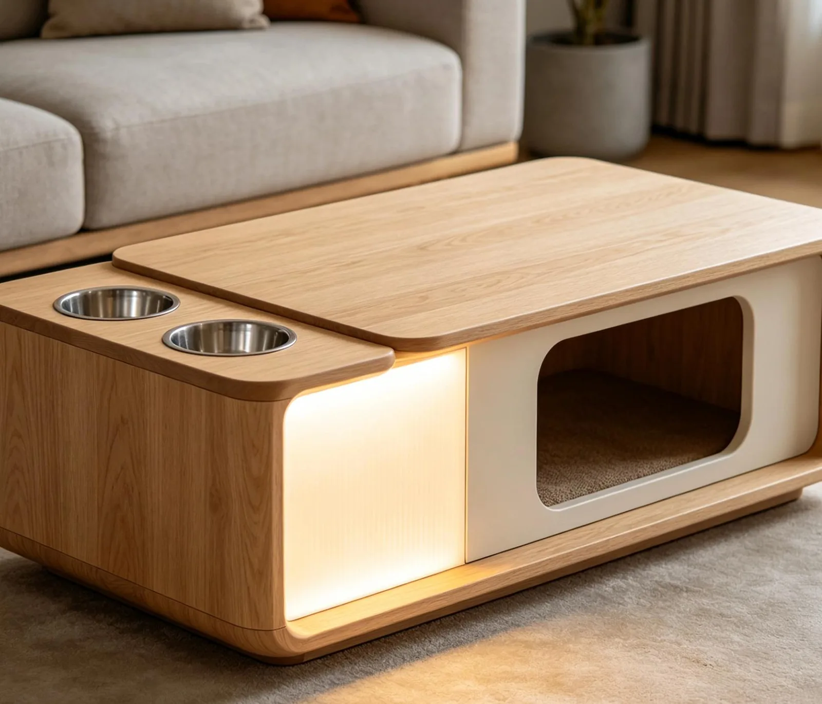 Pet feeding cabinet coffee table with stainless bowls and warm night light