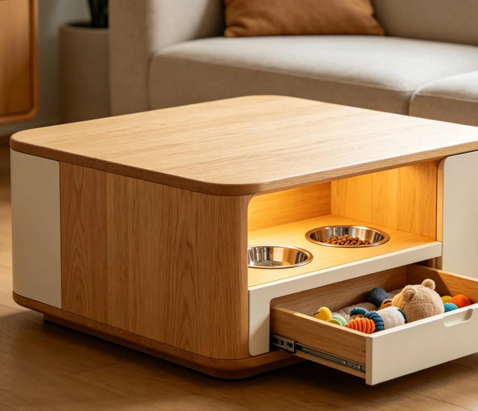 Oak coffee table with built-in feeding bowls and a toy drawer