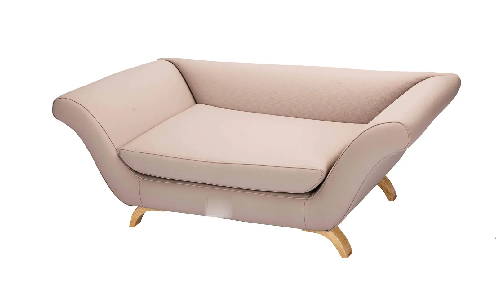 Blush pink pet sofa with curved arms and solid wood legs