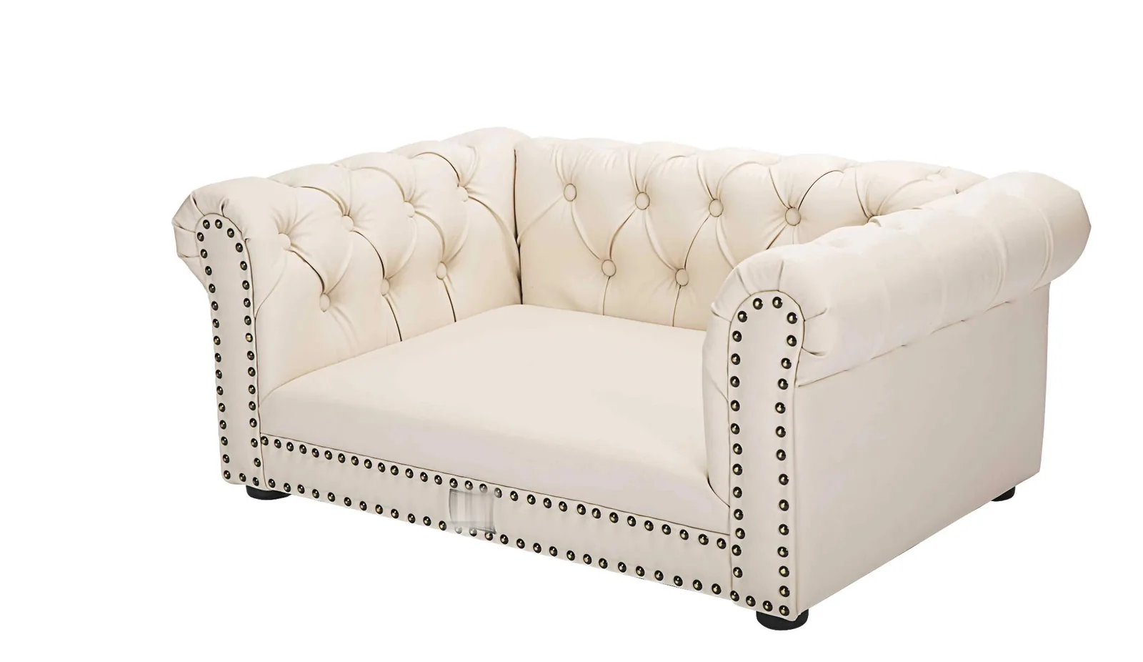 Ivory chesterfield pet sofa with nailhead trim and tufted back