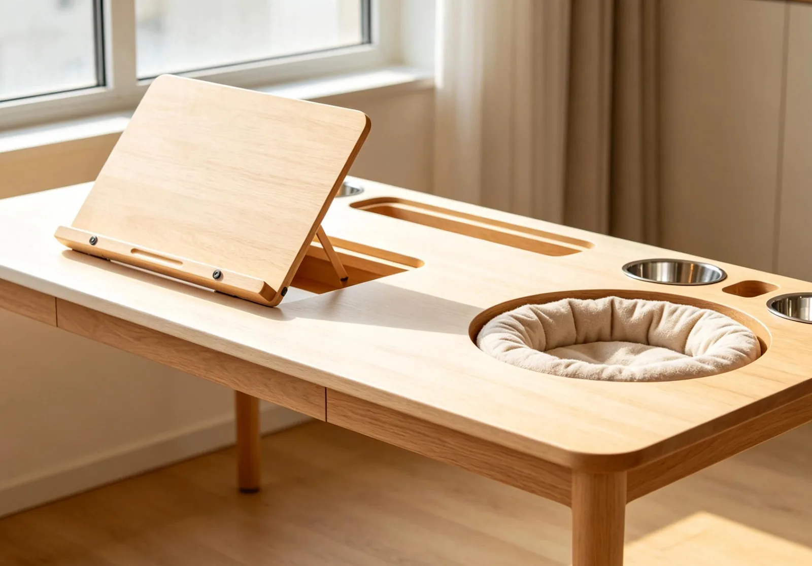 Study desk with an integrated pet bed and feeding bowls under the worktop